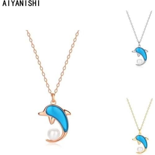 AIYANISHI 925 Sterling Silver Blue Dolphin Shell Pearl Pendant Necklace Women Engagement Natural Pearl Pendant Necklace Gifts