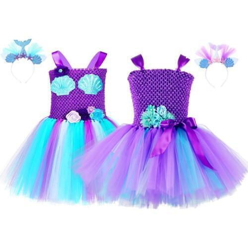 Princess Girl Mermaid Tutu Dress Lovely Girl Purple Blue Knee Length Flower Birthday Tutu Dresses With Headband Cosplay Costume
