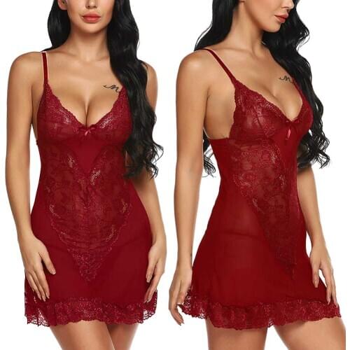 Hot Women Sexy Lingerie Mesh Sheer G-string See Through Underwear Erotic Lace Straps Babydoll Sleepwear Robe Dress