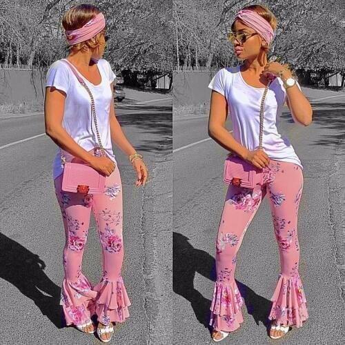 New Fashion Summer Pink Flare Pants Floral Ruffled Draped Printing Pants Ladies New Arrival Wide Leg Skinny Trousers Palazzo Hot
