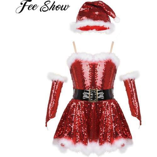 Kids Girls Christmas Dress Adjustable Straps Sequins Girl New Year Festival Santa Clause Costume Kid Fancy Party Cosplay Dresses