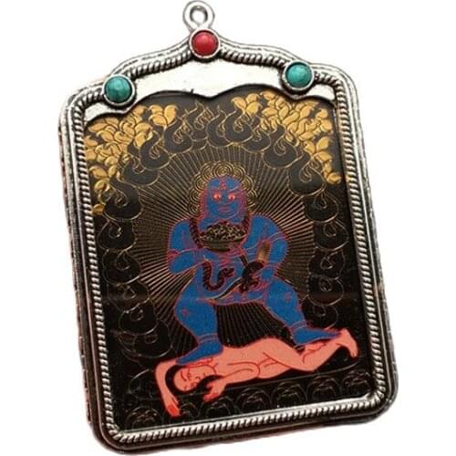 Ancient Tibetan silver inlaid with Thangka Black God of wealth