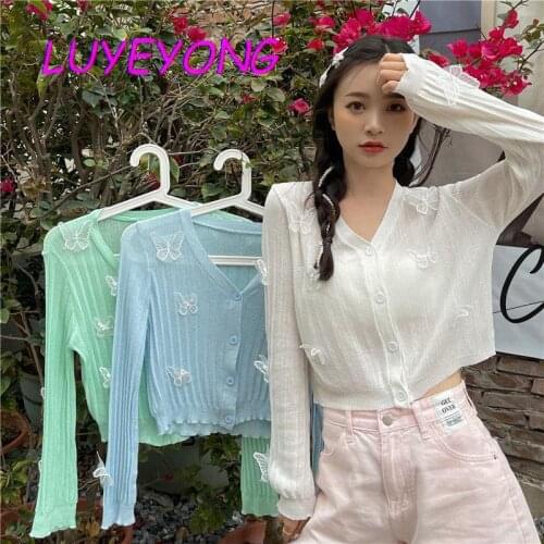 Cardigan Sweater Autumn Women Y2k 3D Embroidery Butterfly Sweet Korean Fashion Crop Top Lady Solid Color V Neck Knitted Sweaters