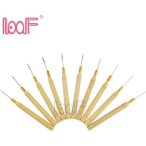 LOOF 100pcs Wooden Handle Pulling micro beads LOOP threader crochet needles for Hair Extensions Tools