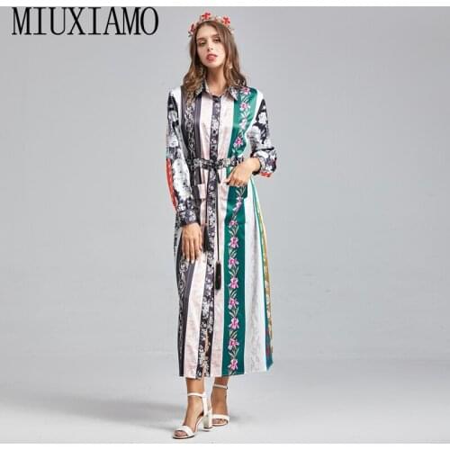 MIUXIMAO 2021 Spring Summer Newest Vintage Elegant Single-Breasted Printed Stitching Long Sleeve Party Casual Dresses Vestidos