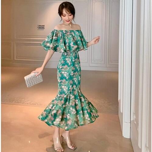 Fashion Summer Korean Vintage Ruffle Floral Print Midi Party Dress Ladies OL Elegant Streetwear Casual Beach Vacation Dress Robe