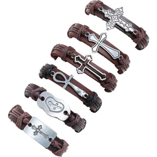 Fashion Vintage Cross Jewelry for Women Men Brown Genuine Leather Rope Bracelet Set Wristband Retro Alloy Charm Wrap Bangle Gift