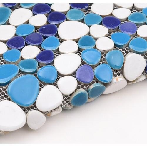 Sea Blue White Glazed Ceramic Pebble Mosaic Tile for DIY kitchen backsplash bathroom shower garden pool floor tile wall brick