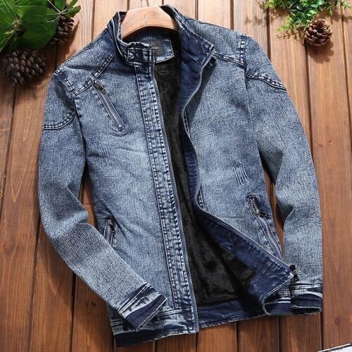 New 2018 fashion winter mens fleece Denim jacket business cowboy jacket slim zipper Stand coat high quality wholesale price