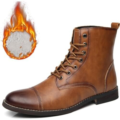 Men Winter Autumn Warm Fur Business Motorcycle Ankle Snow Boots Split Leather Casual Dress Oxfords Shoes Male Outdoor Sneakers