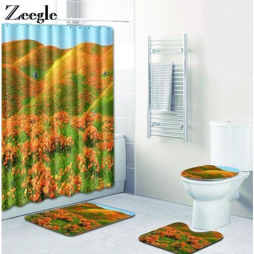 Zeegle 4pcs Bath Mat Set Non Slip Bathroom Doormat Shower Mat Absorbent Toilet Pedestal Rug Flannel Soft Foot Mat Shower Curtain