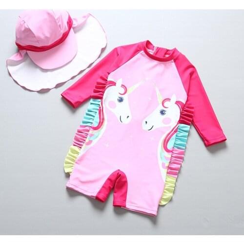2019 New Girls Swimsuit Wiht Hat Rose Unicorn Style Chidlrens Swimwear 2-10years Girls Swimwear One Piece Bathing Suit CZ973