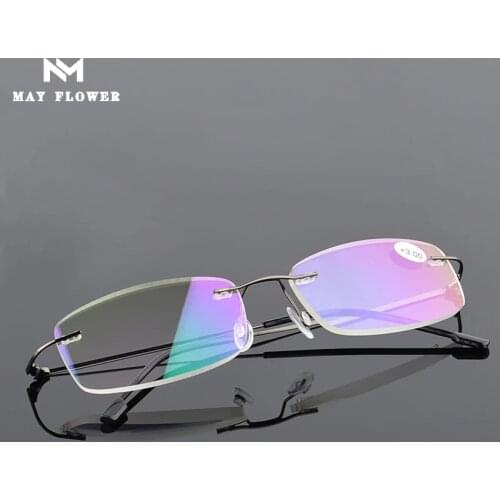 May Flower Memory Titanium Rimless Reading Glasses Fashion Blue Anti-Light Presbyopic Glasses Square Eyewear For Men Women+1.5+2