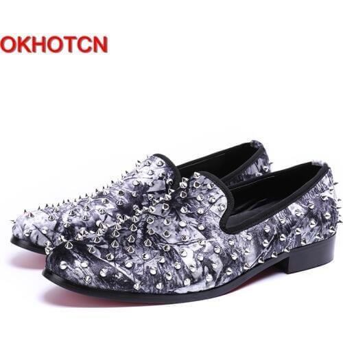 OKHOTCN Personality Graffiti genuine leather mans casual shoes leisure loafers Rivet decoration daily comfortable cool shoes