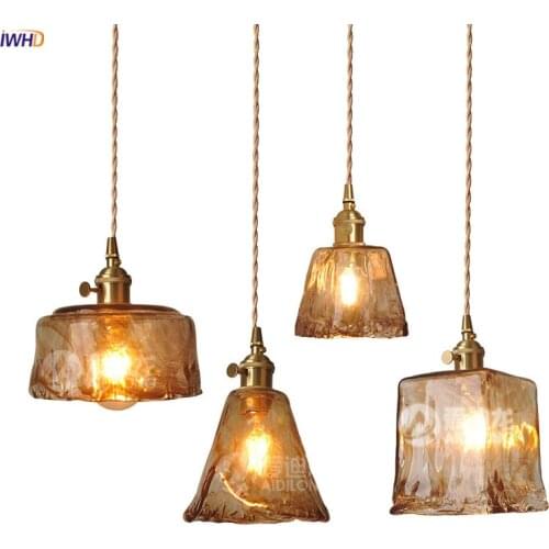 IWHD Nordic Amber Glass Pendant Lights Fixtures Switch Beside Bedroom Bar Coffe Vintage Copper Hanging Lamp LED Lampara Colgante
