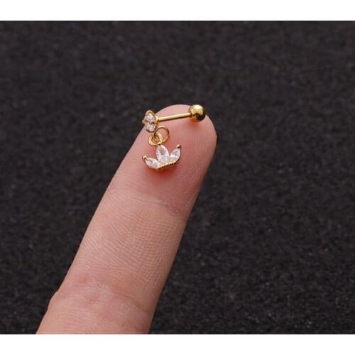 Simple Lovely Small Gold Color Zircon Crown Pendant Ear Cartilage Clip Cuff Cute CZ Steel Bar Ear Stud Jewelry