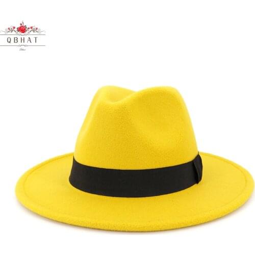 QBHAT Trend Wool Felt Jazz Fedora Hats Casual Men Women Ribbon Band Wide Brim White Felt Hat Panama Trilby Formal Party Cap