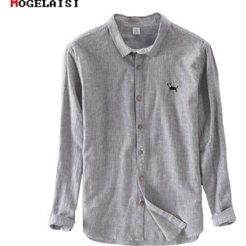 Brand linen Cotton Shirts Men Casual Striped Embroidery A Lovely Dog Full sleeve Flax Shirt For Men Clothing Asian size M-3XL
