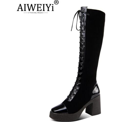 AIWEIYi Leather Knee High Boots Winter Shoes Thick Sole Lace Up Martin Boots Ins High-Heeled Boots Thick Genuine Leather Shoes