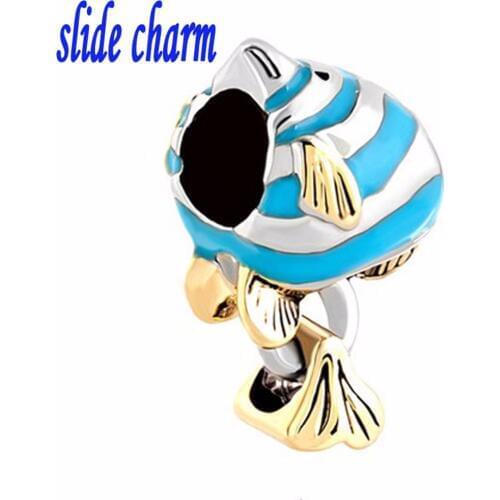 Slide charm Free shipping Epoxy color fish beads fit Pandora bracelet Valentine Christmas Mothers Day gift
