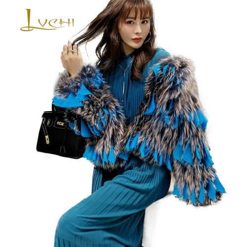 LVCHI 2019 Winter Import Real Fur Coats Full Sleeve Natural Fox Fur Coat O-Neck Chiffon Womens Short Slim Sliver Fox Fur Coats