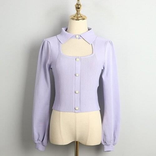 Lapel sweater sexy bubble sleeves short slim long sleeve ice silk cardigan women