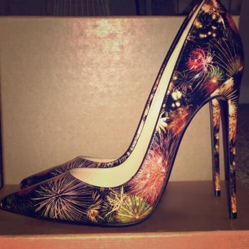 Sexy Fireworks Pointy Toe Stiletto Pump Printed Floral Patent Leather Dress Shoes 12CM 10CM 8CM Shallow Patchwork Party Shoes