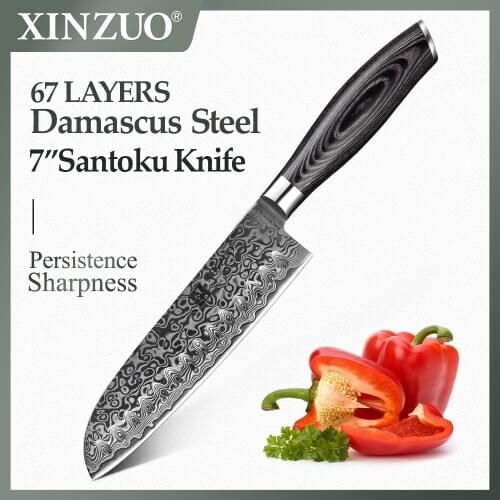 XINZUO 7" inch Japanese Chef Knife 67 Layers Damascus Steel Kitchen Knives Sharp Meat Santoku Knife with Black Pakka wood Handle