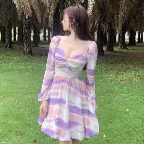 Japanese Summer Women Dress Clothing Harajuku Autumn Hollow Out Bandage Mini Dress Kawaii Sweet Girls Boho Tie Dye Slim Dresses