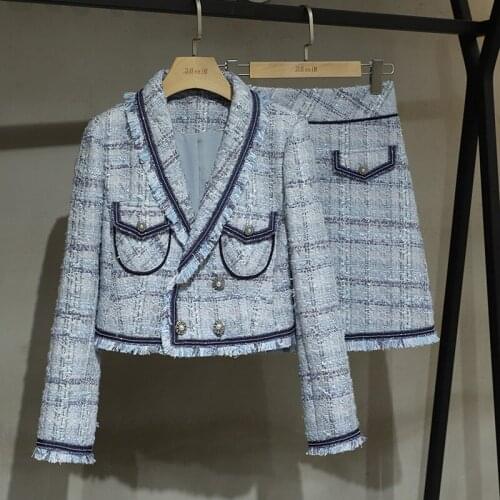 2021 Autumn Celebrity Two-piece Dress Set Womens Crop Tops And Skirts Tweed Blazers Jackets Woolen Coats + Short Skirt Suits