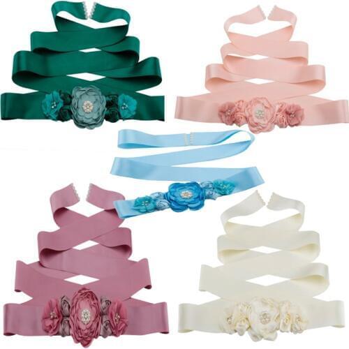 Women Girls Peach Emerald green Waist Belts Long Ribbon Flower Belt Girls Wedding Bridal Waistband For Party Dress Accessories