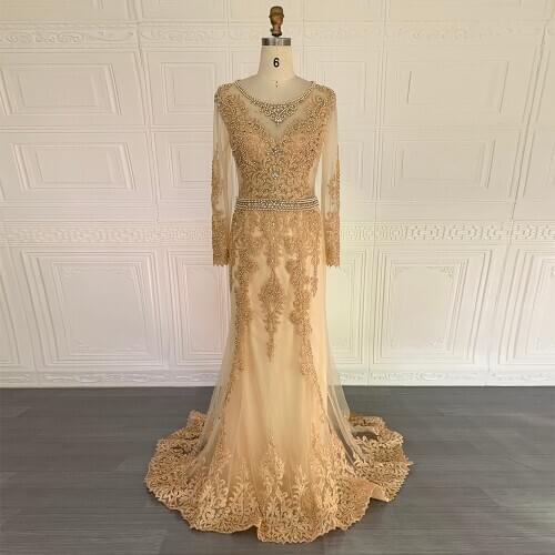 Luxury A-Line Evening Dress for Women 2020 Gold Lace Full Long Sleeve Formal Appliques Crystals Party Dress