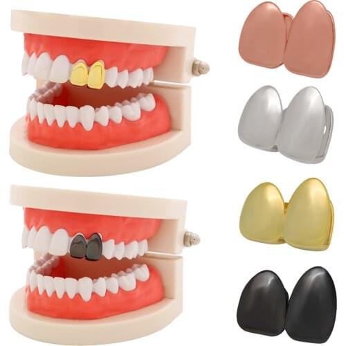 LuReen Gold Color Teeth Grills for Women and Men Double Teeth Mouth Grillz Tooth Grillz Cosplay Hip Hop Body Jewelry Party