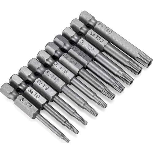 10pcs T7-T40 1/4 inch Torx Head Screwdriver Bit Set Magnetic Security Tamper Proof Tools S2 Dor Manual Electric Screwdriver