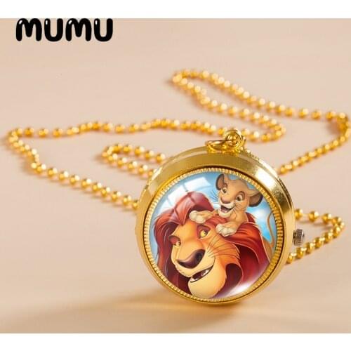 2021 New The Lion King Pocket Watch Necklace Simba and Nala Gold Color Vintage Watch Glass Dome Pendant Jewelry Gifts