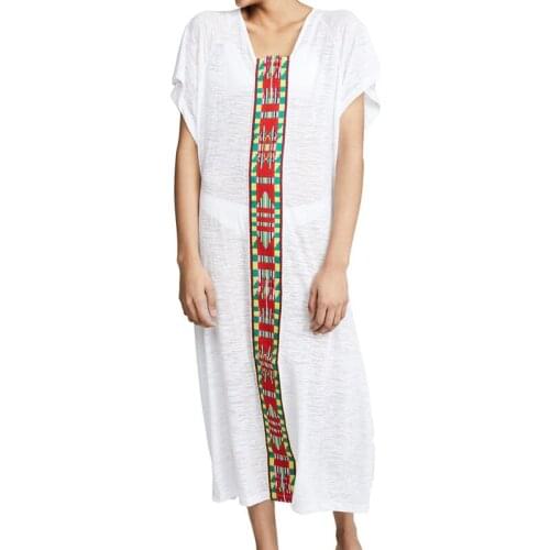 2021 Indie Folk Embroidered Summer Women Beach Wear Kaftan Casual Long Dress Cotton Tunic Short Sleeve Long Robe De plage N779