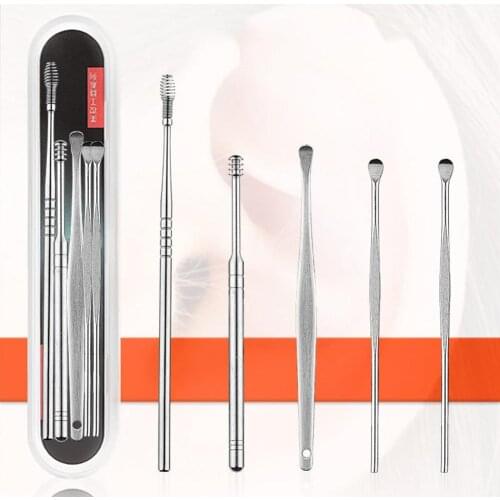 5Pcs Stainless Steel Spiral Spring Ear Picks Spoon Wax Removal Cleaner with Box Ear Cleaner Spoon Care Ear Clean Tool