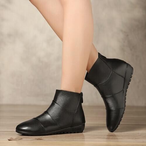 Genuine Leather(cowhide) booties for middle aged and elderly women Autumn/winter ankle boots Round toe soft soles ladies shoes
