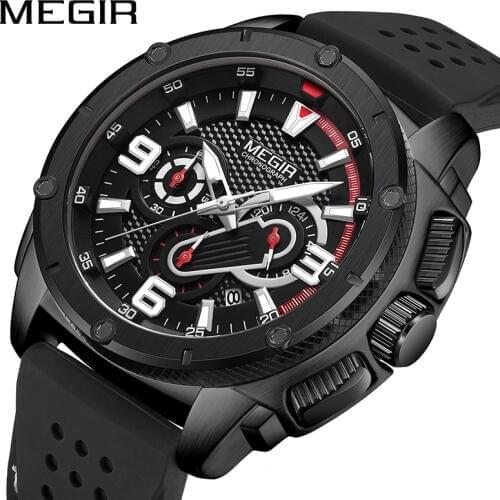 MEGIR Black Mens Watches Top Brand Luxury Sport Wrist Watch Man Clocks Chronograph Quartz Military Watch Men Relogio Masculino