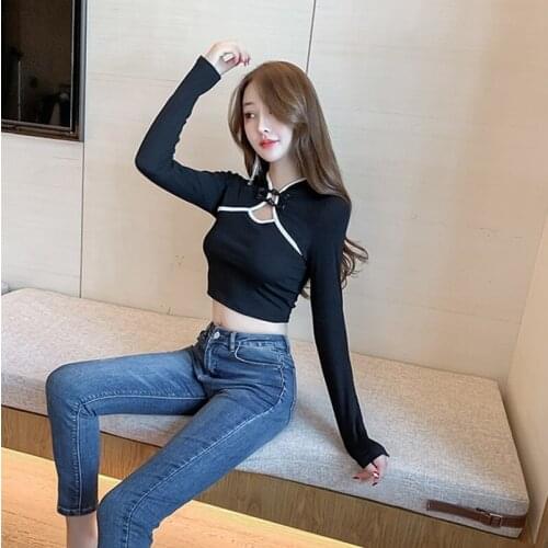 Black Chinese Style Retro T-Shirt Long Sleeve Cheongsam Top Buckle Stand Collar Sexy Gothic Tops Crop Teens For Girls KK3692