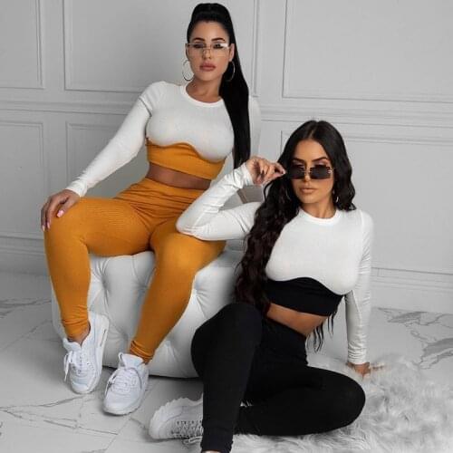 CHRLEISURE Women 2 Piece Casual Long Sleeve Crop Tops and Leggings Two-Piece Set Women Patchwork Design Clothing Solid Outfit