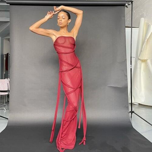 Fringe Wrapped Chest Long Dress Mesh See-through Drawstring Evening Party Dress Sexy Strapless Wrap Hip Maxi Dress Robe 40