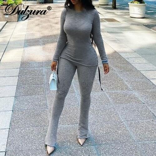 Dulzura 2021 Autumn Winter Women Knitted 2 Pieces Long Sleeve Drawstring T Shirts Flare Pants Set Tracksuit Matching Outfits