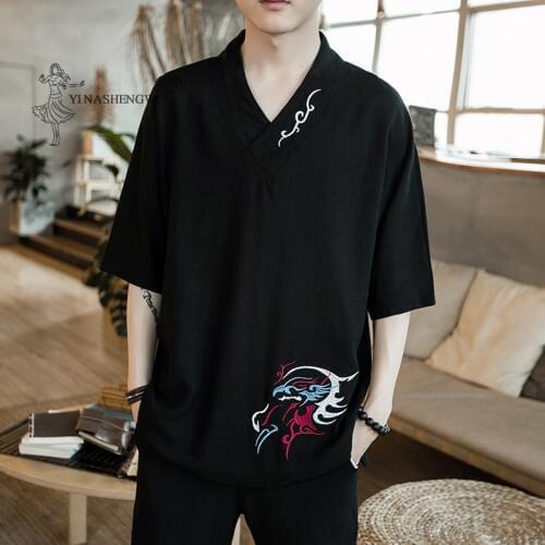 Men T-shirt Kimono Japanese Short Half-Sleeve Shirt Embroidery Japan Harajuku Trousers Asian Menswear Yukata Cardigan Costumes