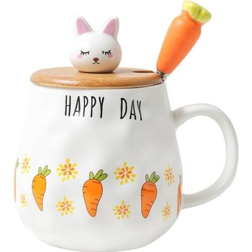 Popular Cartoon Radish Rabbit Wooden Lid Ceramic Cup Cute Radish Spoon Cup Mug Men and Women Students Couple Cup