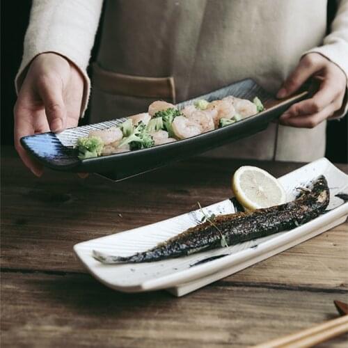 Japanese Retro Ceramic Sushi Plate Modern Household Ceramic Rectangular Cuisine Pastry Sashimi Plate Hotel Restaurant Tableware