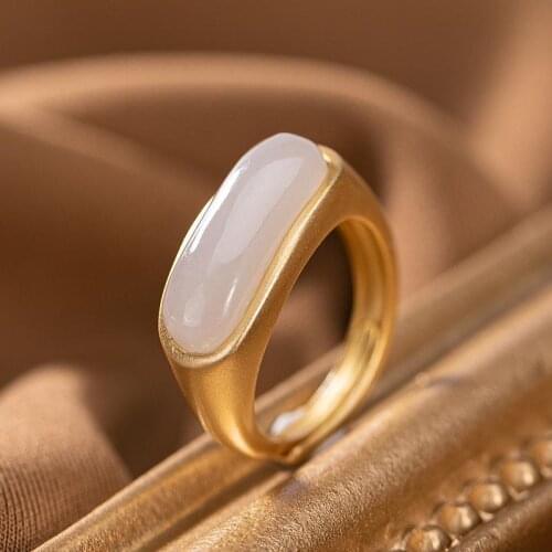 Natural Hotan Purple Jade long oval opening adjustable ring Chinese retro Bohemian elegant womens silver jewelry