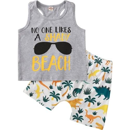 New 2Pcs Little Boys Outfit, Summer Toddlers Round Collar Sleeveless Letter Vest + Dinosaur Plant Printing Shorts Set
