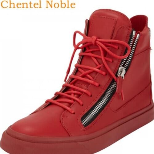 Chentel Noble Leather Men Casual Shoes Party Shoes Men High Quality Flats Sneakers Zipper Lace-Up Red Colors Unisex Big Size