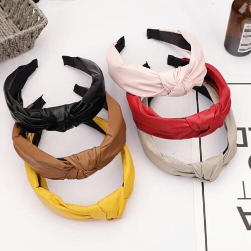 6PCS Faux Leather knotted womens headbands PU bows covered plastic hairbands Girls hot hair hoops Black/white/Olive/brown